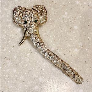 Rhinestone elephant statement brooch; green eyes, goldtone setting, 5” long!